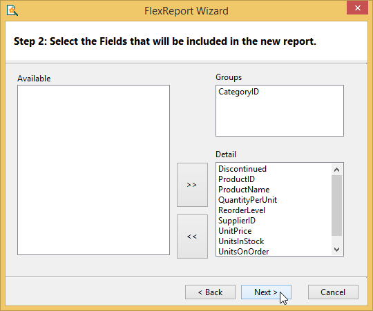 Selecting Fields in FlexReport Wizard